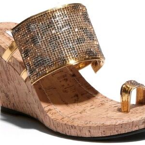 BRAND NEW 2LipsToo Rhinestone Leopard Cork Wedge Sandals – Size 6